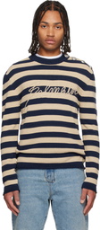 Balmain Navy & Beige 'Balmain' Logo Marinière Sweater