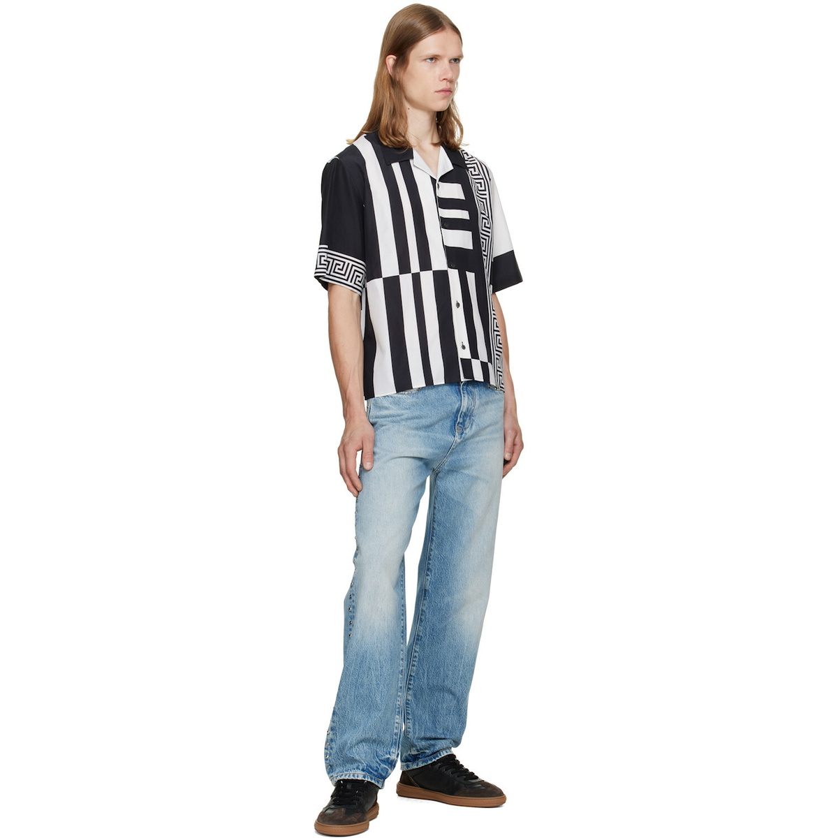 Versace Black & White Printed Cotton Silk Shirt