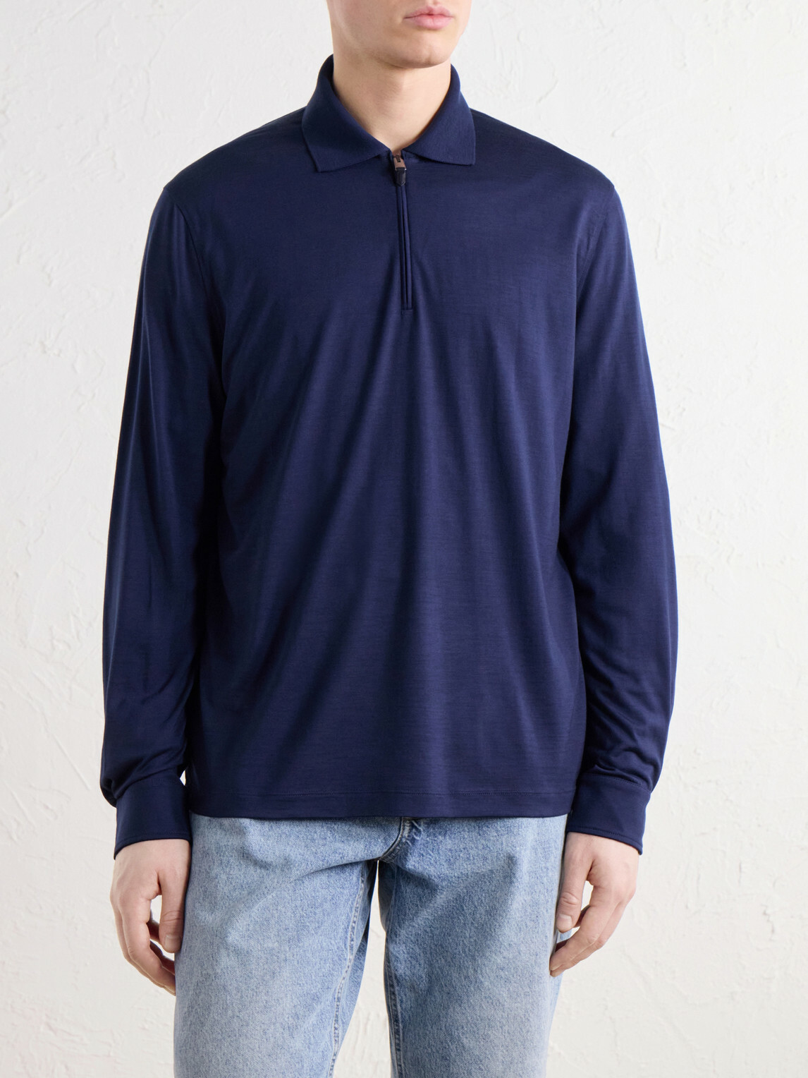 Canali - Wool-Jersey Half-Zip Polo Shirt - Blue