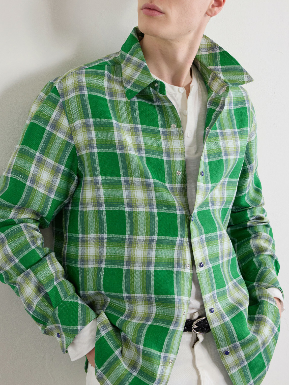 God's True Cashmere - Harbor Checked Linen Shirt - Green
