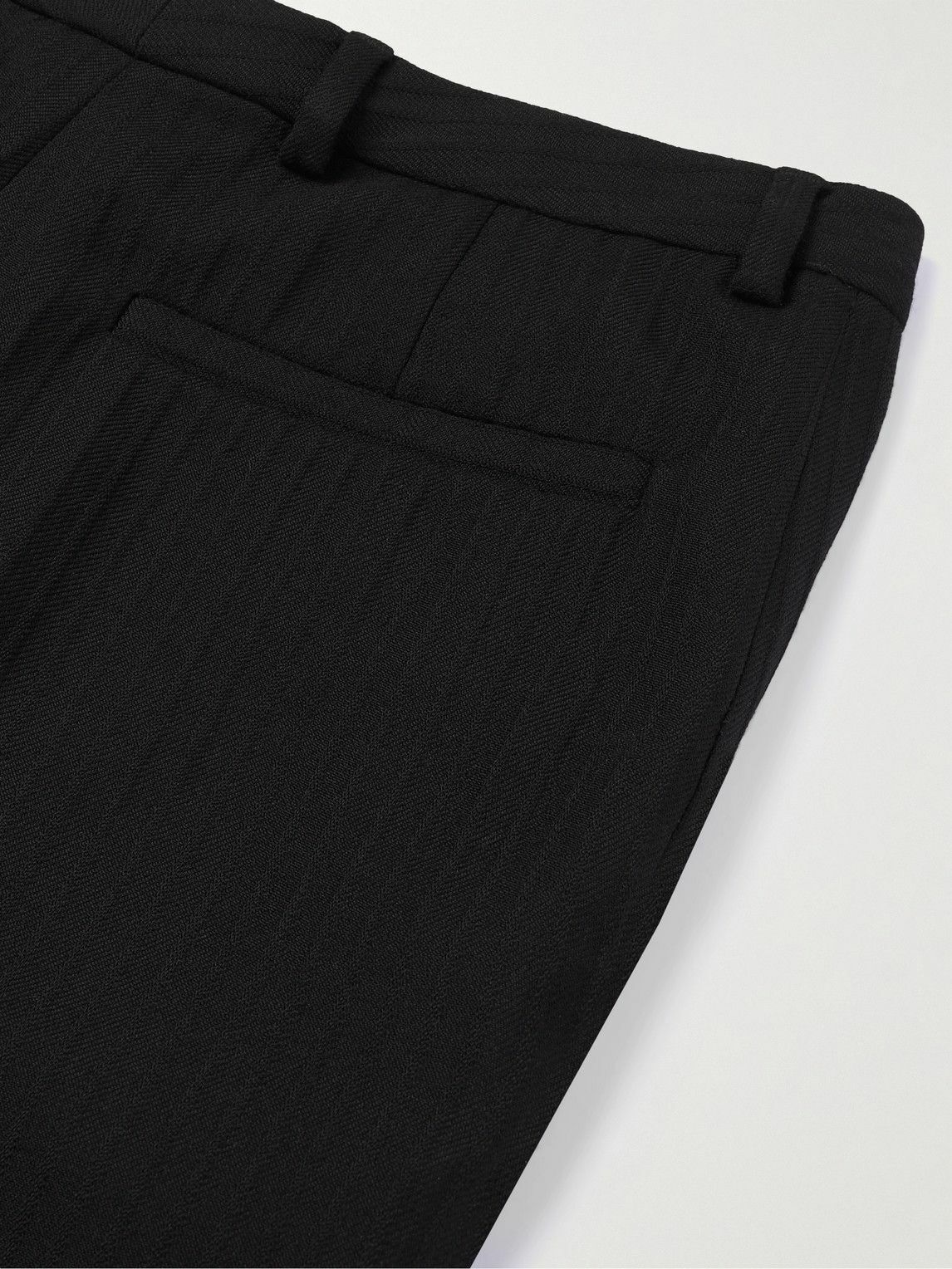 SAINT LAURENT - Straight-Leg Pleated Silk-Trimmed Herringbone Wool