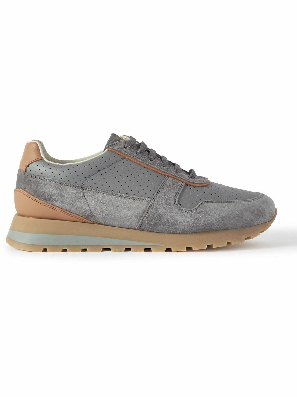 Brunello Cucinelli - Suede-Trimmed Perforated Leather Sneakers - Gray ...