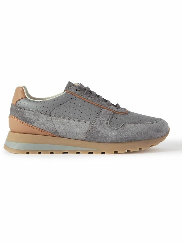 Photo: Brunello Cucinelli - Suede-Trimmed Perforated Leather Sneakers - Gray