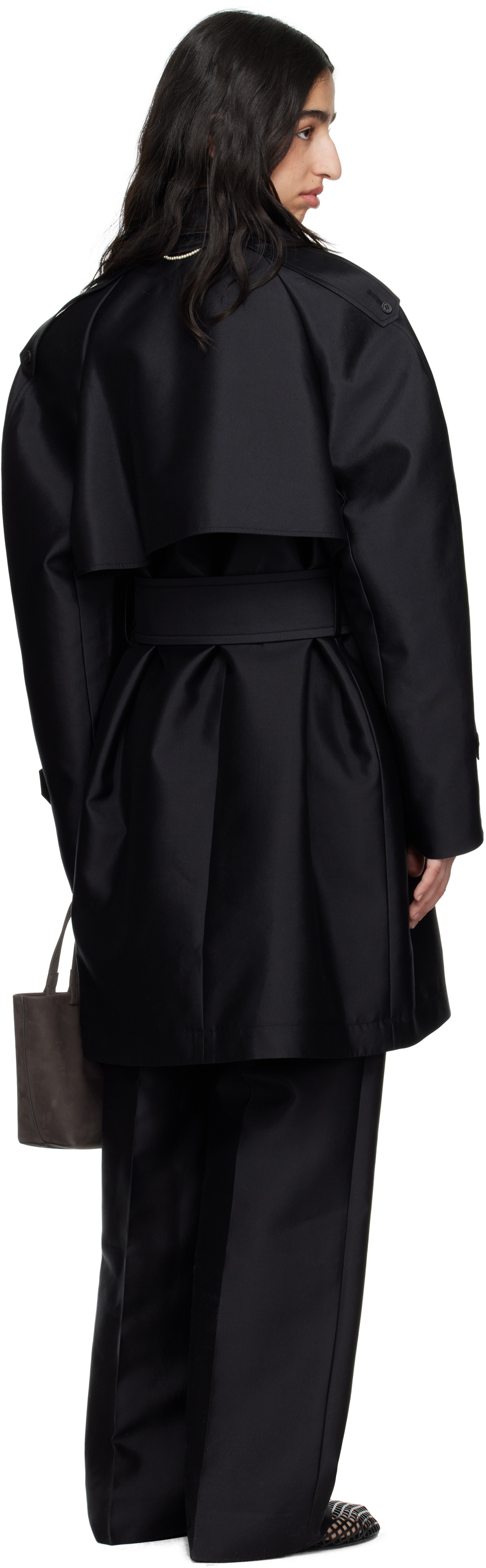 Carven Black Silk Wool Trench Coat