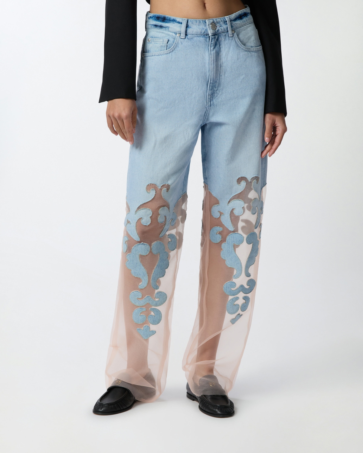 Pinko Wide Leg Jeans With Sheer Organza Light Vintage Wash