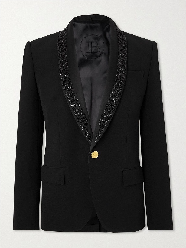 Photo: Balmain - Shawl-Collar Chain-Embellished Crepe Blazer - Black