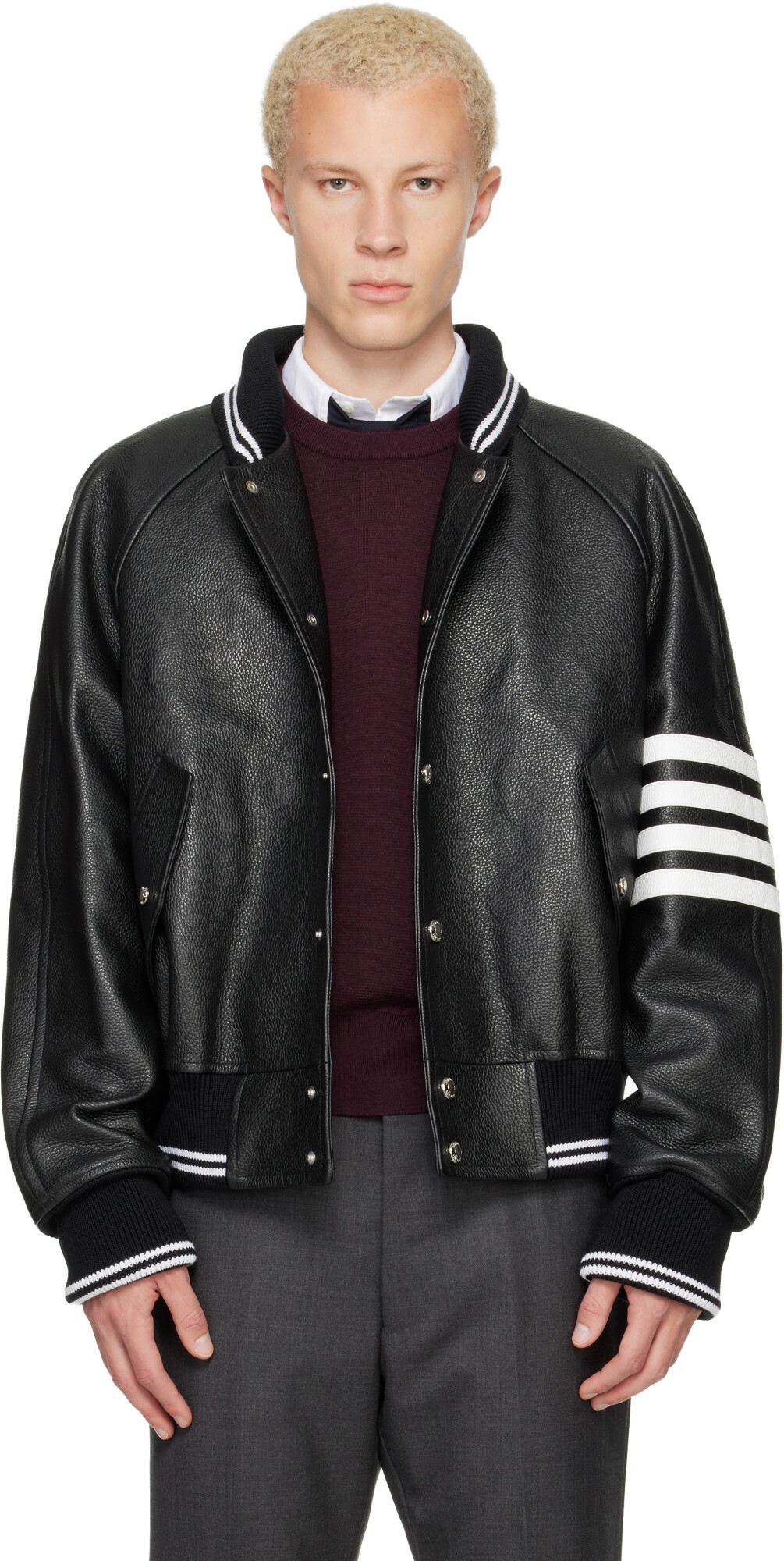 Thom Browne Black Raglan Sleeve Oversized Leather Blouson Jacket