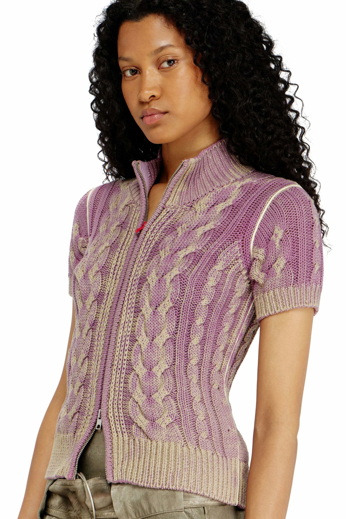 Diesel Short-sleeve zip cardigan in cable knit - Knitwear Womens in Multicolor