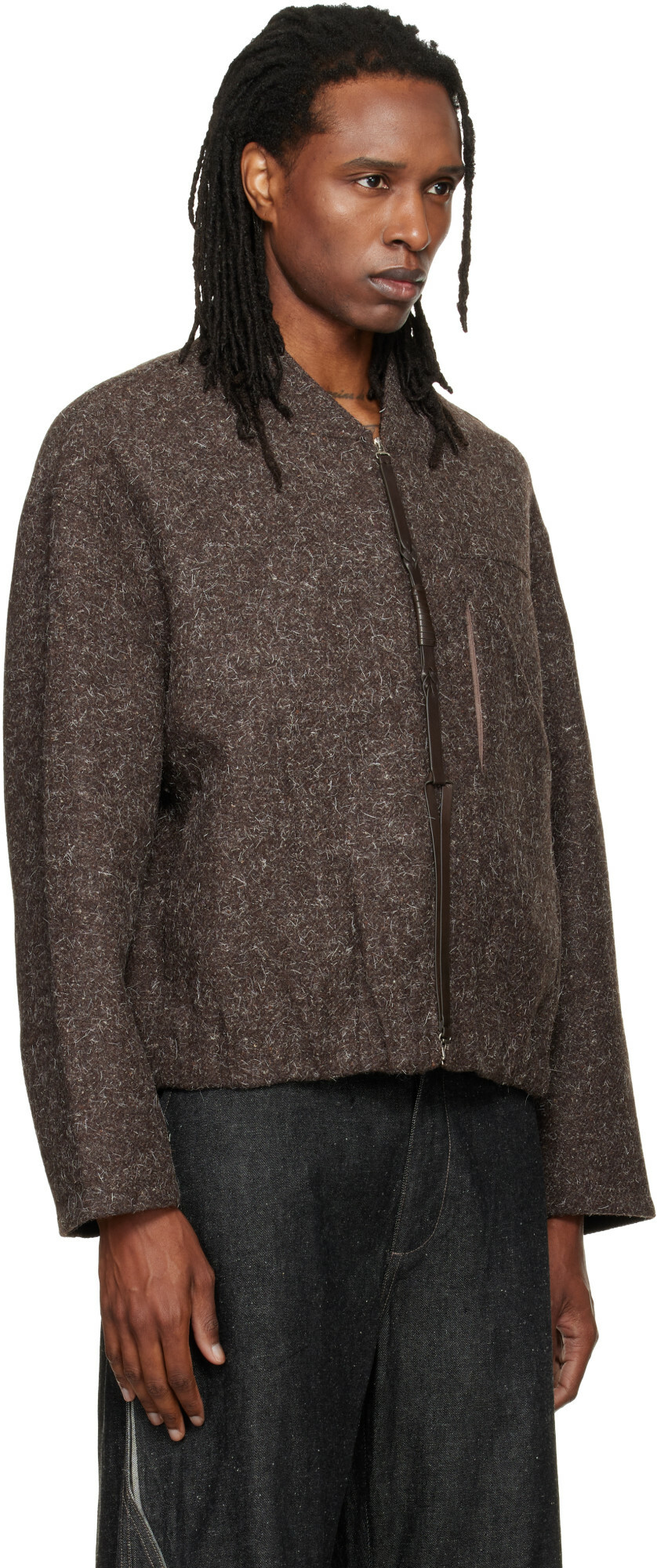 NULLUS Brown Wool Strapped Zipper Blouson Jacket