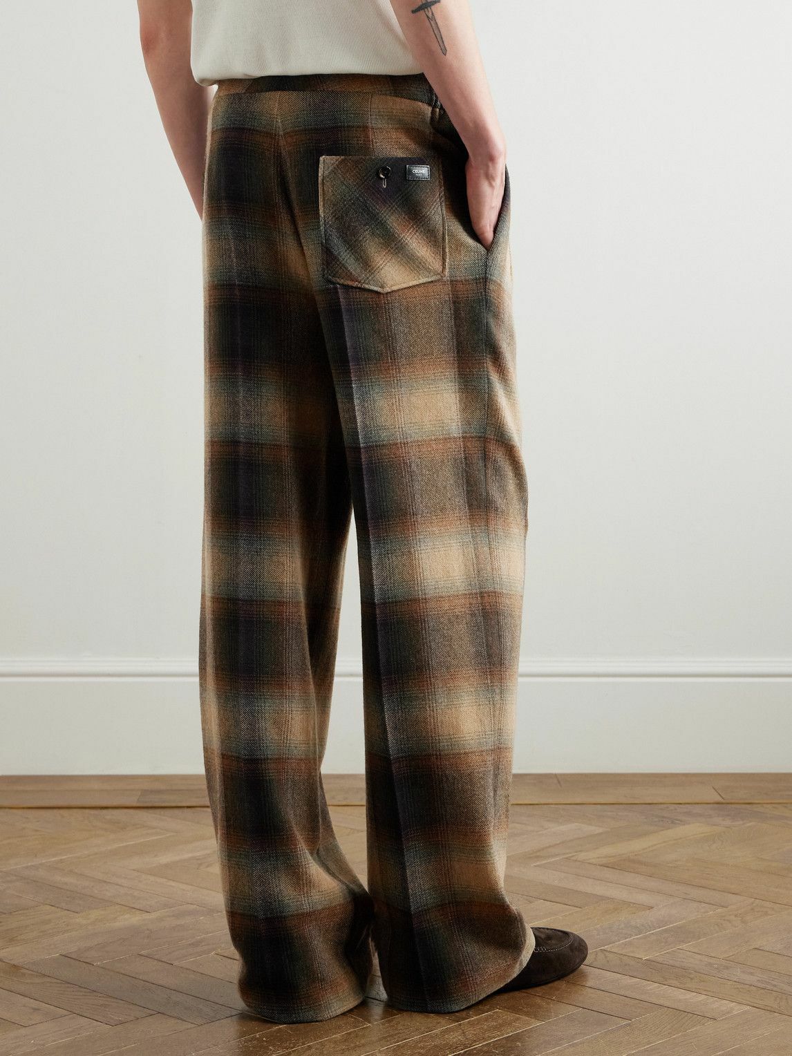 CELINE - Wide-Leg Pleated Checked Wool-Flannel Trousers - Brown