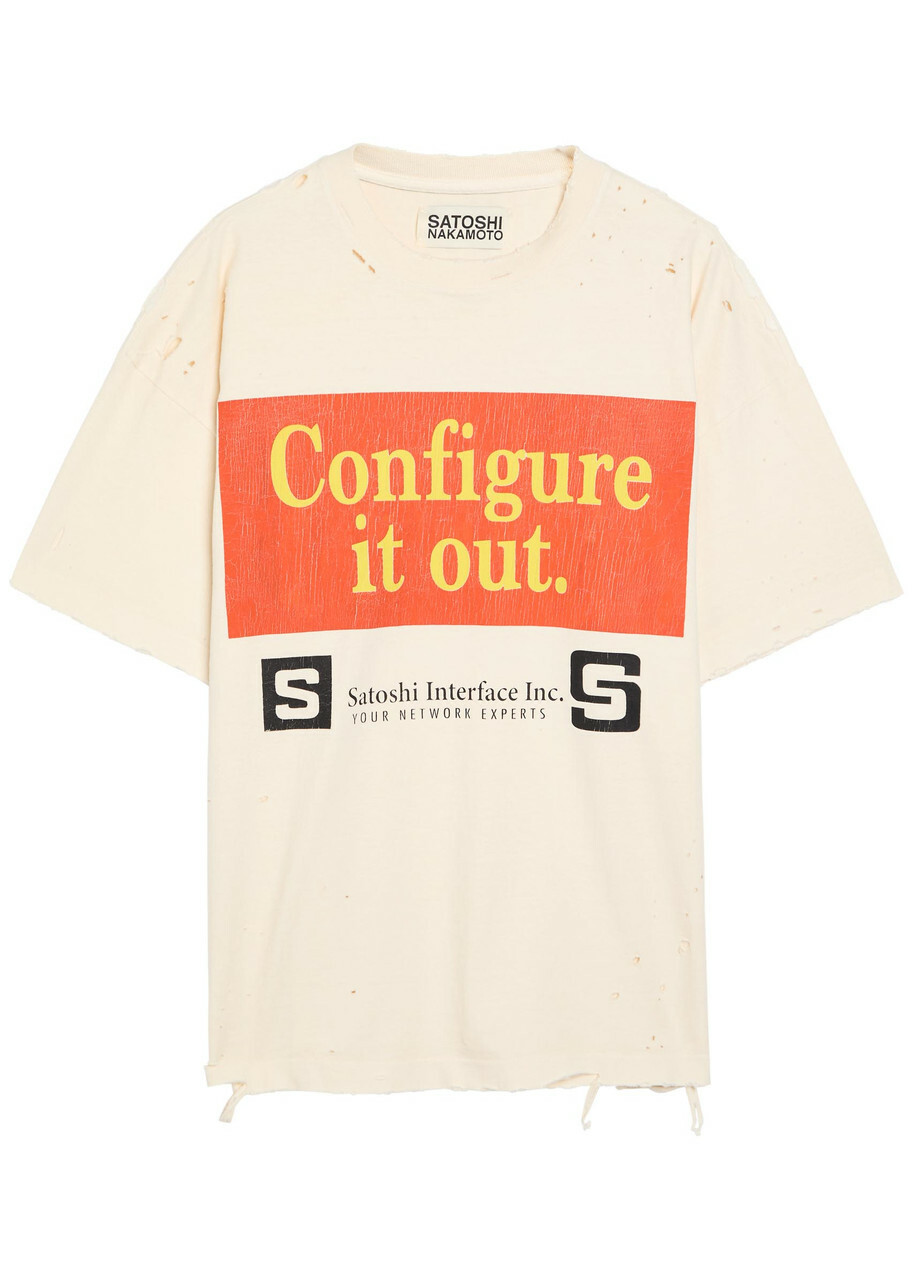 Satoshi Nakamoto Configure Distressed Printed Cotton T-shirt White