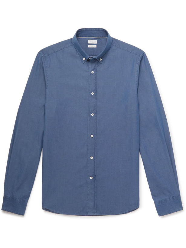 Photo: BRUNELLO CUCINELLI - Button-Down Collar Cotton-Chambray Shirt - Blue