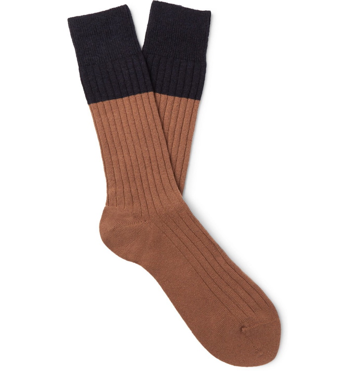 Photo: NN07 - Colour-Blocked Ribbed-Knit Socks - Brown