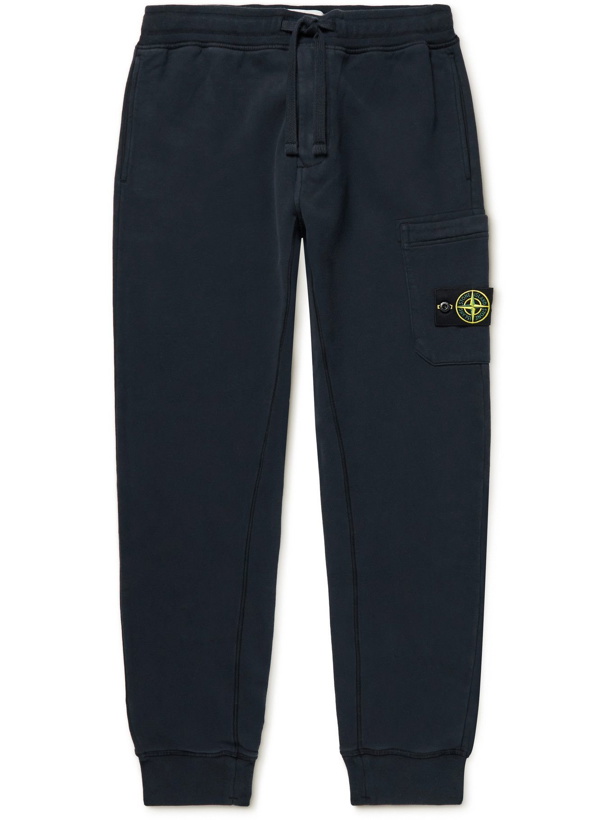Photo: Stone Island - Slim-Fit Tapered Logo-Appliquéd Cotton-Jersey Cargo Sweatpants - Blue