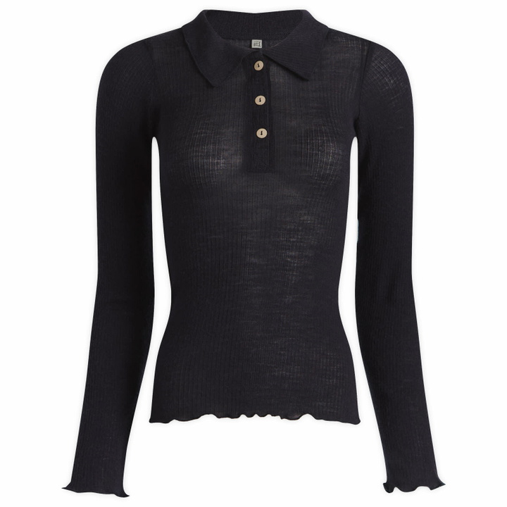 Photo: Baserange Women's Dual Long Sleeve Wool Polo Top in Murano Navy