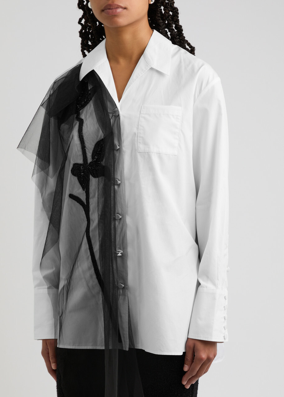 Huishan Zhang Thelma Embellished Cotton Shirt White And Black