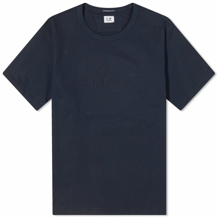 Photo: C.P. Company Men's 30/2 Mercerized Jersey Twisted Logo T-Shirt in Total Eclipse
