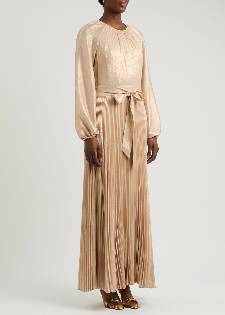 Jonathan Simkhai Varenya Belted Metallic Maxi Dress Gold