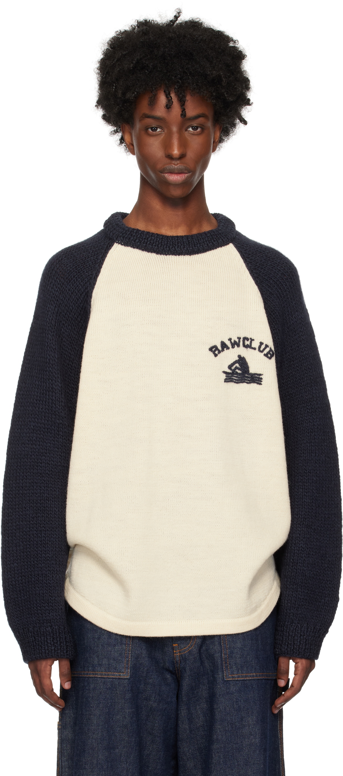 RICE NINE TEN Navy & Beige Hand Knitted Raglan Sweater