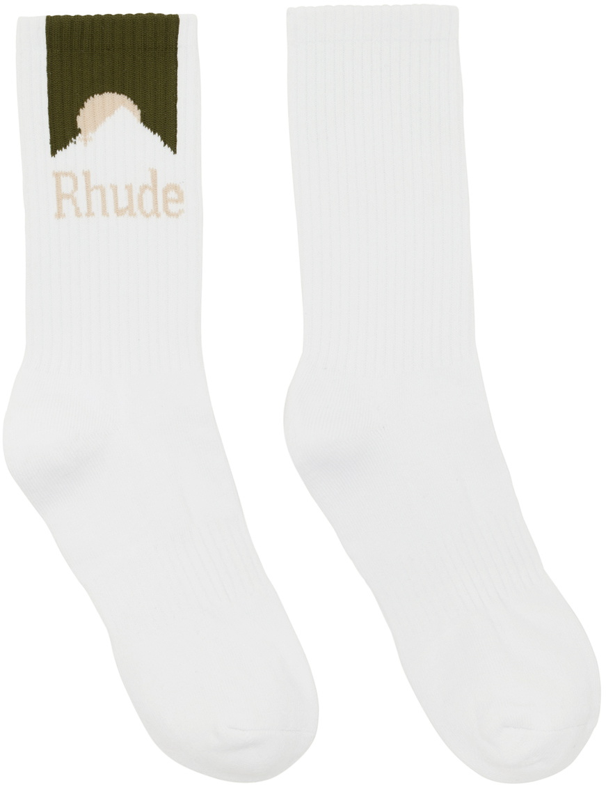 Rhude White & Green Mountain Logo Socks Rhude