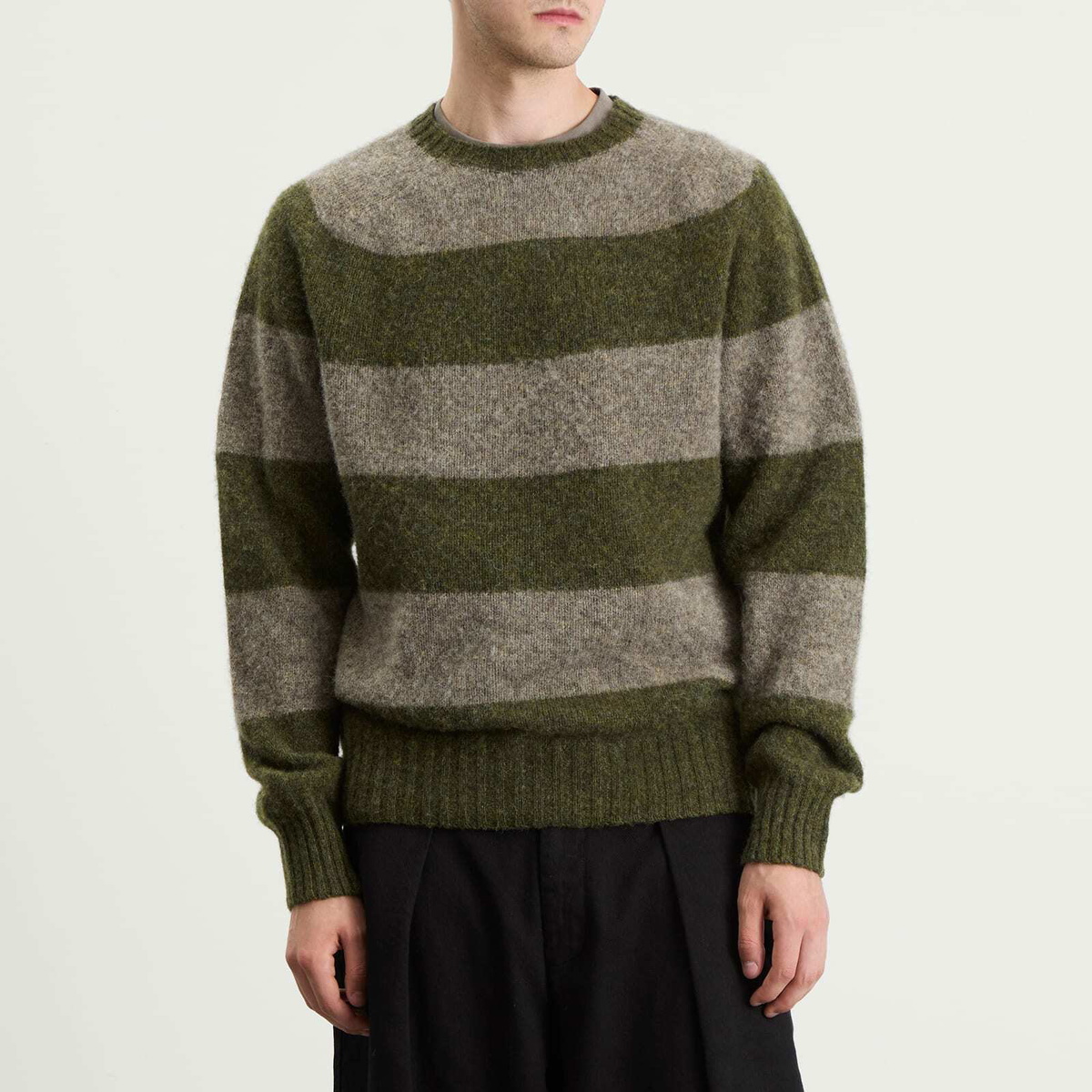 YMC Men's Suedehead Stripe Jumper in Green/Brown