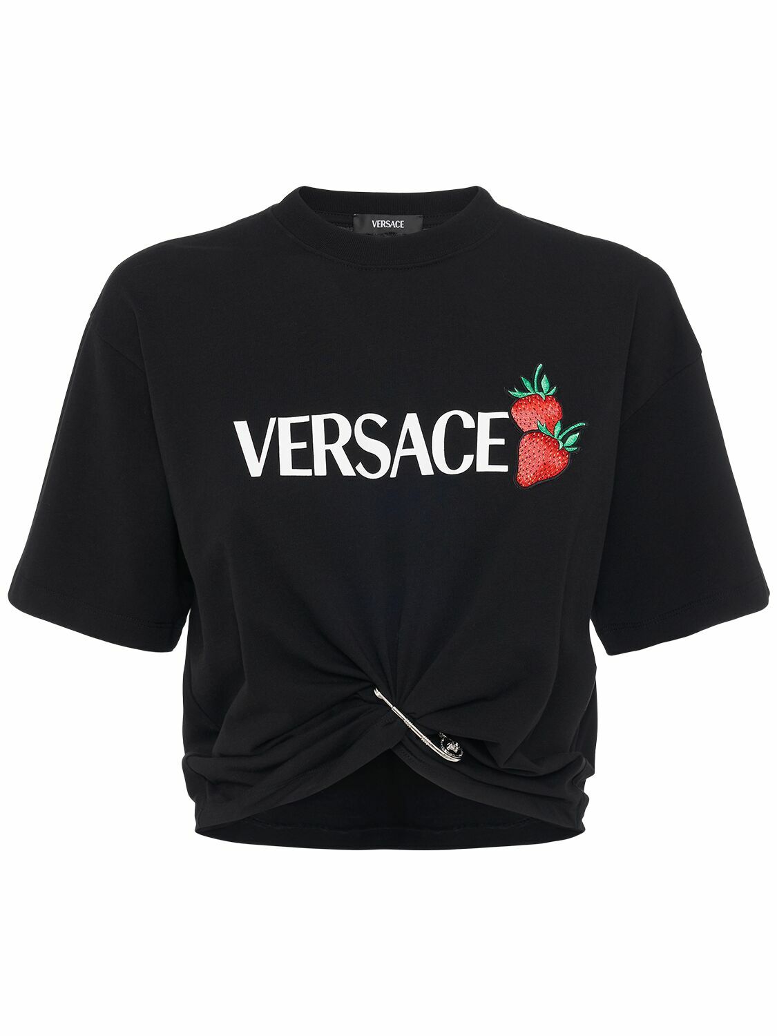 【VERSACE】Logo Cotton Crop T-shirt VERSACE Logo Print Cotton Jersey Crop T-shirt Versace