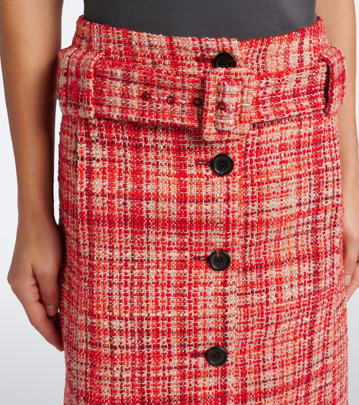 Prada Wool, cotton, and silk tweed midi skirt