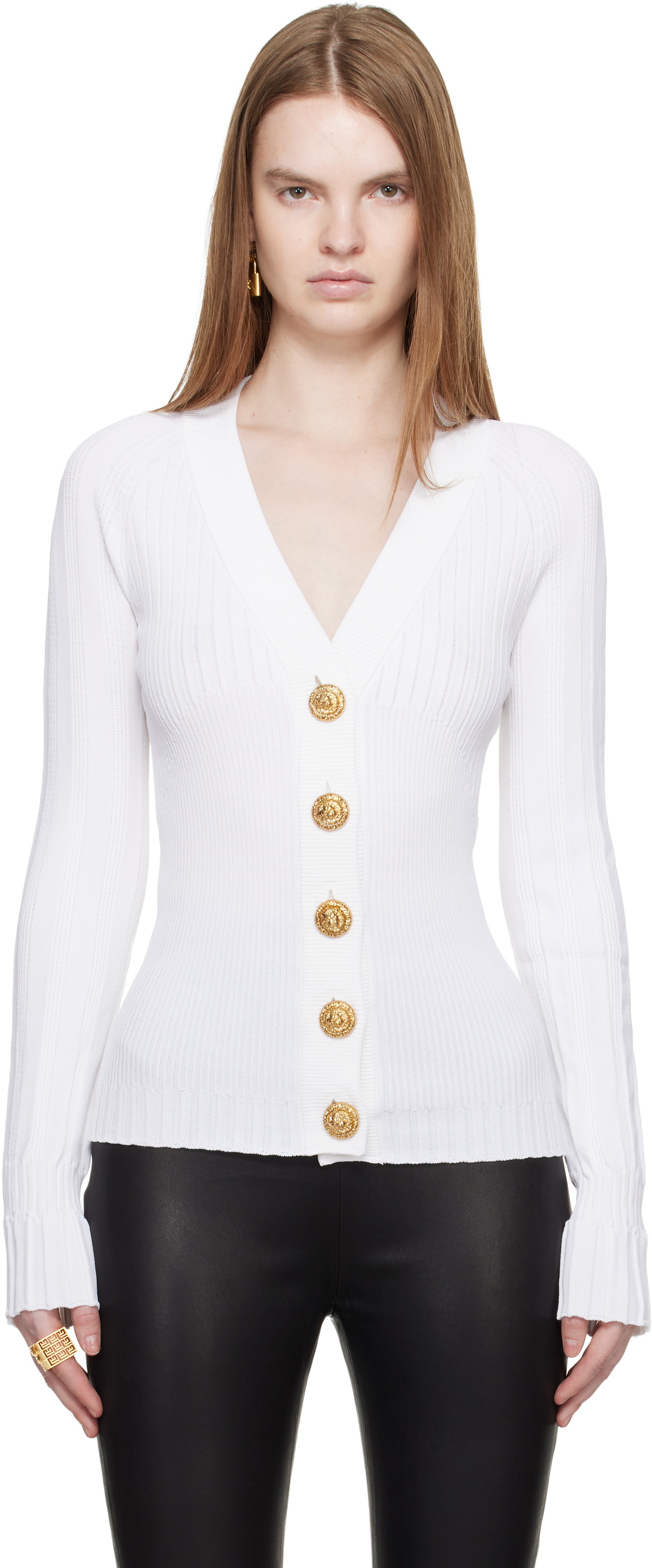 Balmain White Buttoned V-Neck Light Knit Cardigan