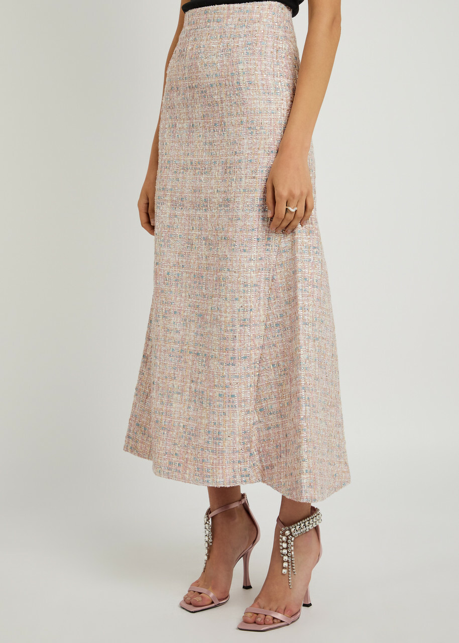Huishan Zhang Vicky Embellished Tweed Midi Skirt Pink
