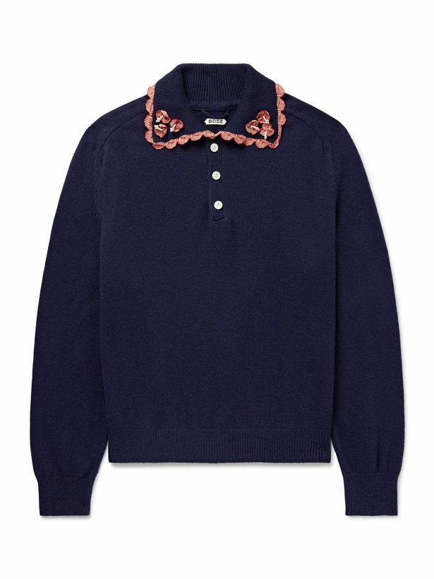 Photo: BODE - Rookie Appliquéd Embellished Wool and Cashmere-Blend Polo Shirt - Blue