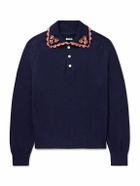 BODE - Rookie Appliquéd Embellished Wool and Cashmere-Blend Polo Shirt - Blue