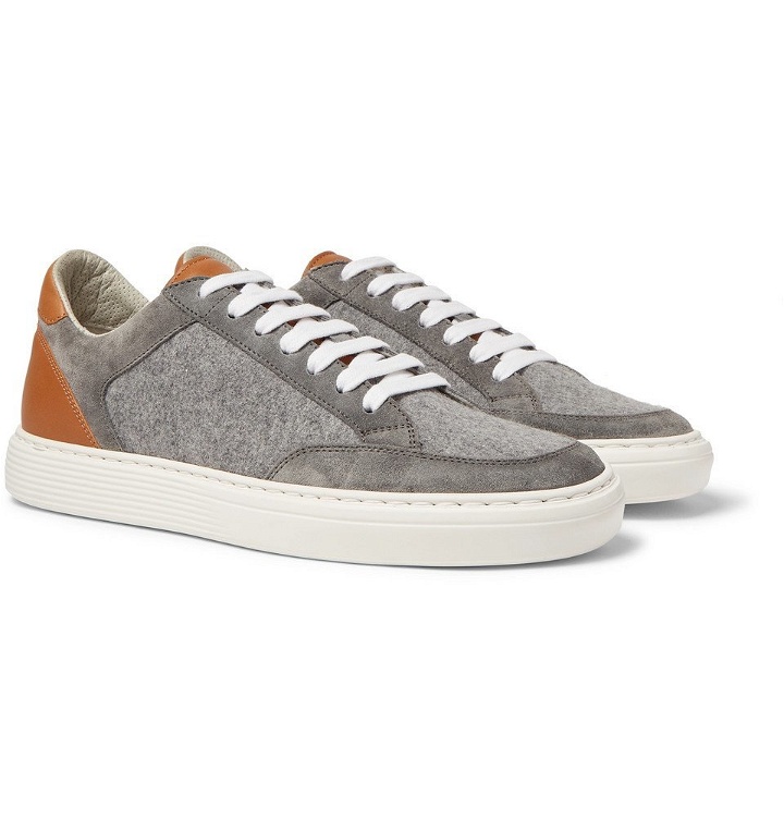 Photo: Brunello Cucinelli - Leather, Suede and Flannel Sneakers - Light gray