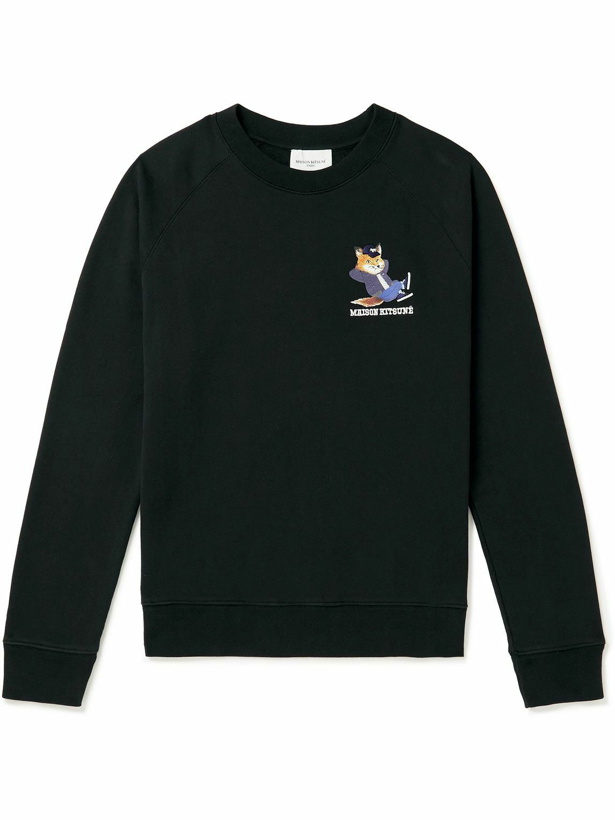 Photo: Maison Kitsuné - Logo-Embroidered Printed Cotton-Jersey Sweatshirt - Black