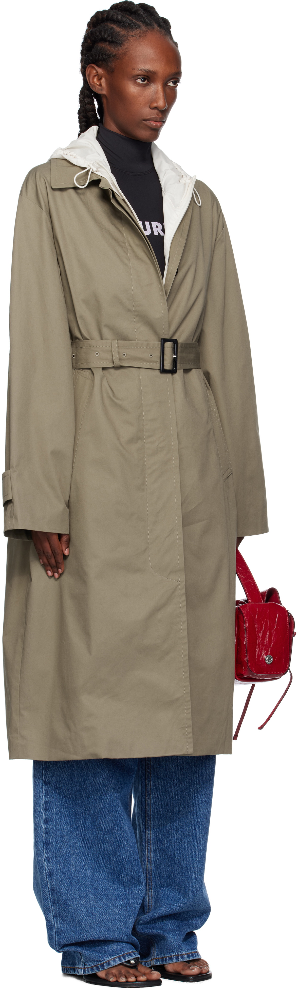 Pushbutton Khaki Hooded Single Trench Coat