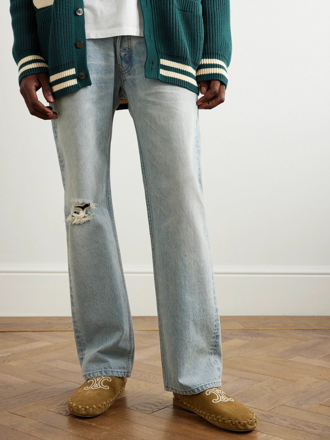 CELINE - Leather-Trimmed Logo-Embroidered Suede Mules - Brown