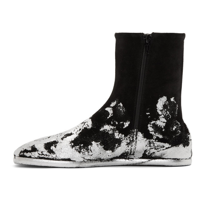 Maison Margiela Black and Silver Foil Suede Flat Tabi Boots