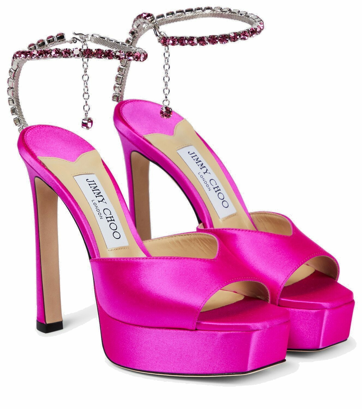 【関税込み】Jimmy Choo ピンク Saeda 125 ヒールサンダル Jimmy Choo Saeda 125 embellished satin platform sandals