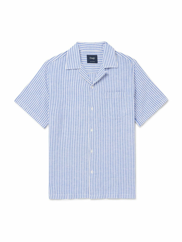 Photo: Drake's - Convertible-Collar Striped Cotton and Linen-Blend Shirt - Blue