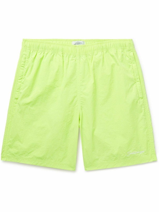 Photo: Saturdays NYC - Tyler Straight-Leg Logo-Embroidered Crinkled-Shell Shorts - Green