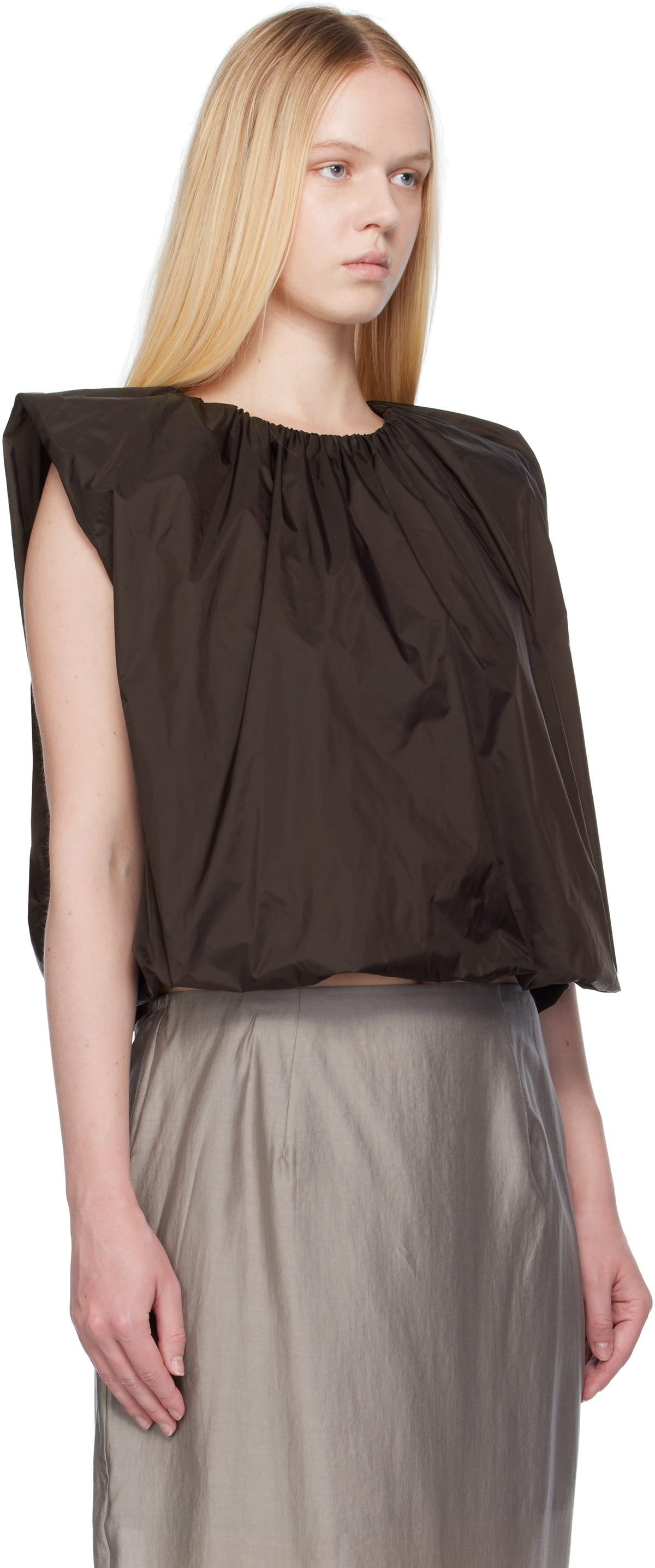 AMOMENTO Brown Nylon Volume Shirring Top