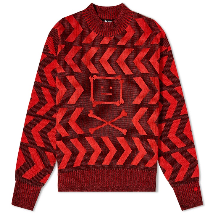 Photo: Acne Studios Keith Cross Bones Face Relaxed Crew Knit in Black/Sharp Red