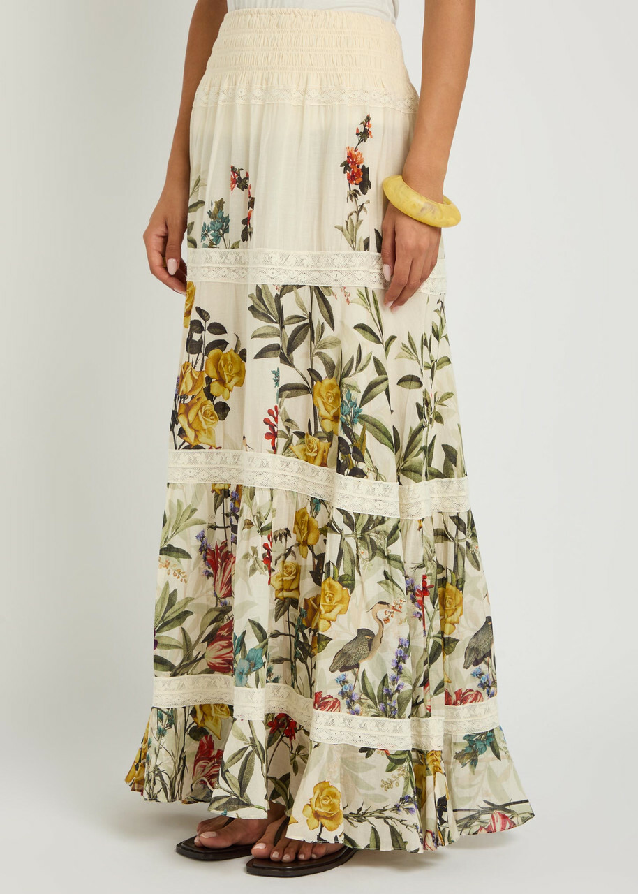 Alice + Olivia Stevie Floral-print Lace-trim Cotton Maxi Skirt White