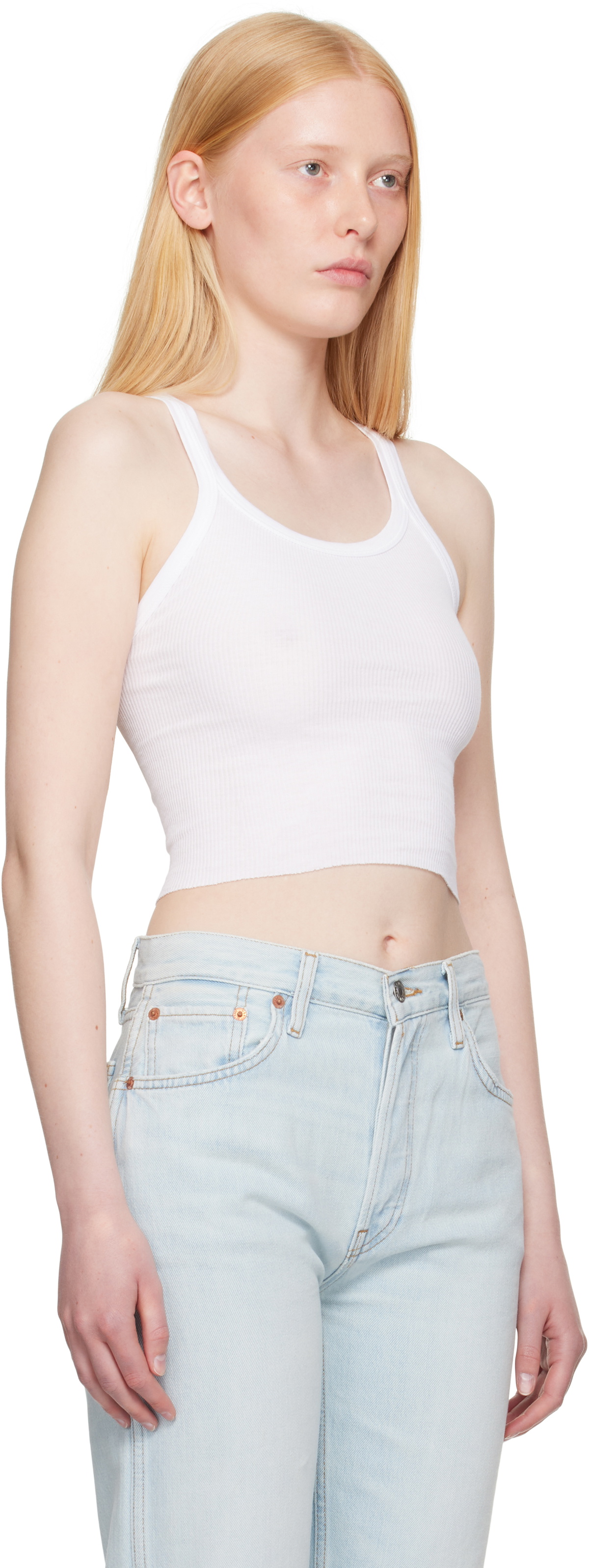 Re/Done White Hanes Edition Cropped Ribbed Tank Top