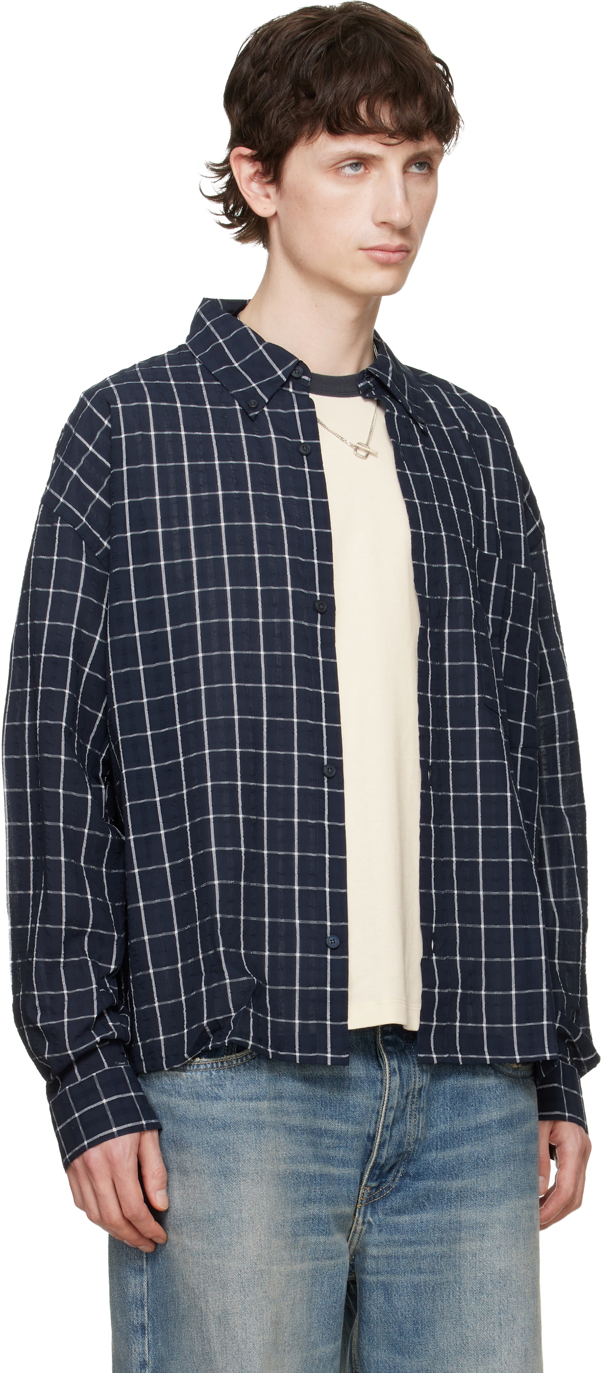 Won Hundred Navy Maza Check Shirt