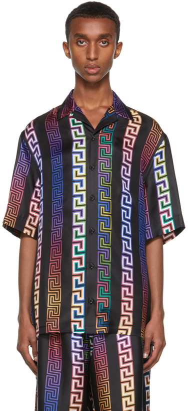 Photo: Versace Black Silk Neon Greca Short Sleeve Shirt