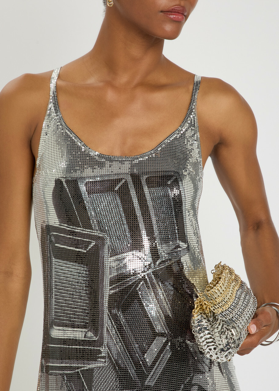 Rabanne Printed Chainmail Mini Dress White And Blue