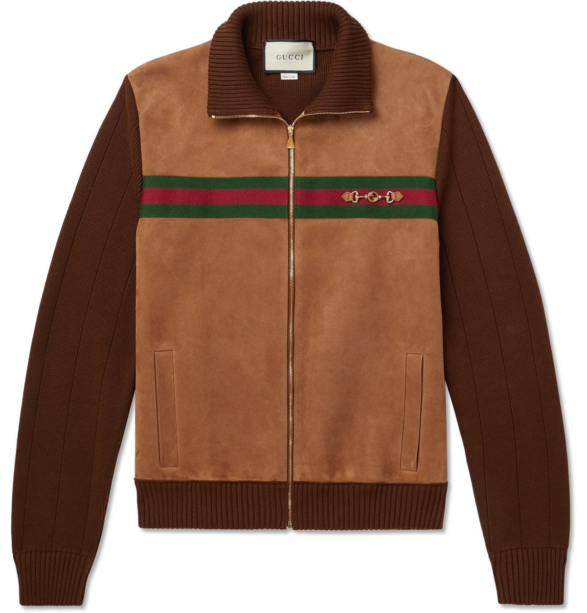 Gucci - Horsebit Webbing-Trimmed Suede and Cotton-Jersey Bomber Jacket -  Brown Gucci