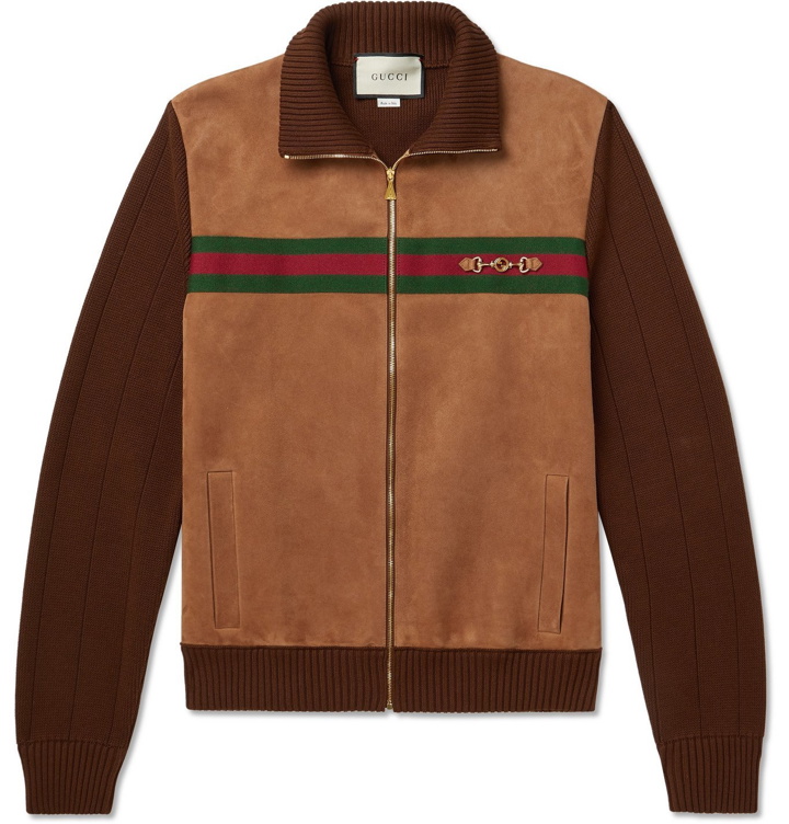 Photo: Gucci - Horsebit Webbing-Trimmed Suede and Cotton-Jersey Bomber Jacket - Brown