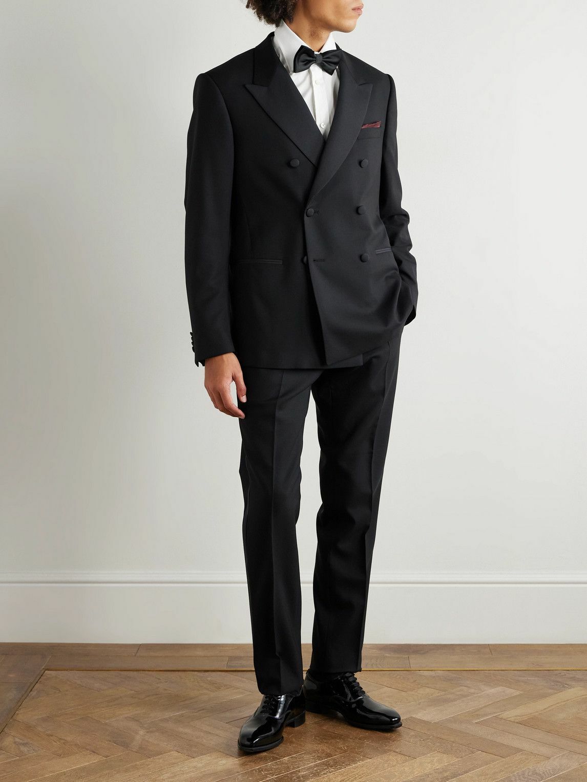 Mr P. - Double-Breasted Slim-Fit Satin-Trimmed Virgin Wool-Twill Tuxedo Jacket - Black