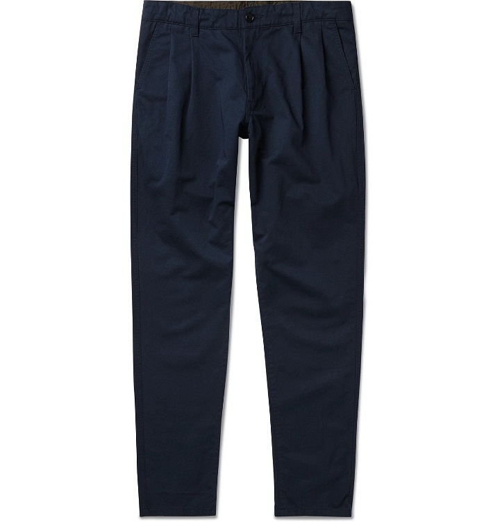 Photo: Aspesi - Slim-Fit Pleated Cotton and Linen-Blend Twill Trousers - Blue